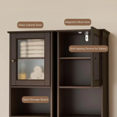 Vista 5 de Gizoon - Armario de almacenamiento alto para baño con estantes ajustables Marrón oscuro