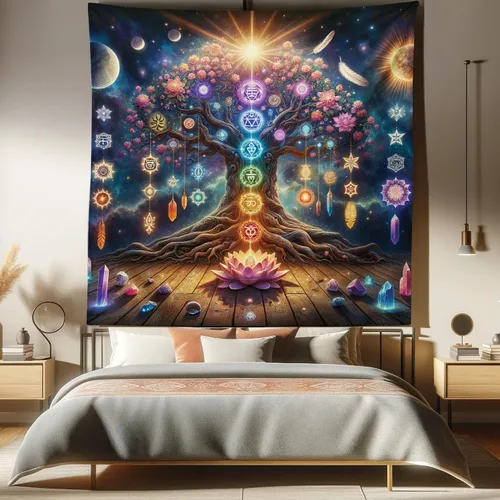 Vista 181 de Ambesonne Tapiz hippie, abrazo de hongos de ensueño y árbol de la vida místico y mandal verde, decoración de tela para colgar en la pared