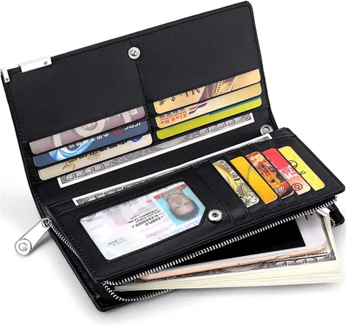 Vista 9 de Huztencor Billeteras largas para hombre de cuero RFID bloqueo billetera plegable con cremallera