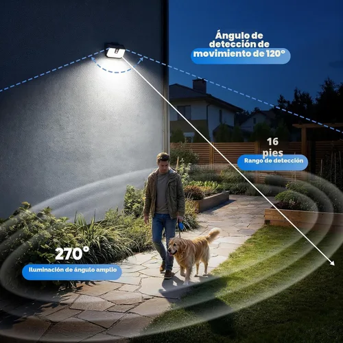 Vista 4 de Brightever Paquete de 2 luces solares con sensor de movimiento para exteriores, IP65, impermeables, con 3 modos de iluminación, luces solares