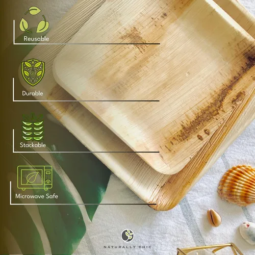 Vista 3 de Platos de hoja de bambú cuadrados de 10 pulgadas y 7 pulgadas (paquete de 50) Biodegradable y compostable para aperitivo y cena, juego de vajilla