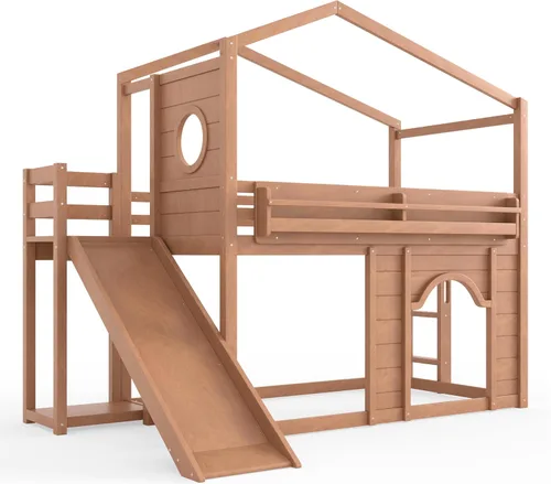 Vista 4 de Harper & Bright Designs Cama tipo loft para niños, tamaño individual, con armario y puerta arqueada, litera de casa con tobogán y estanterías