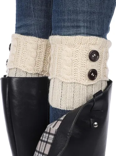 Vista 5 de Pangda 4 pares de calcetines de punto para botas con botones para mujer, calcetines cortos de punto de cable, Negro, blanco, beige y gris claro
