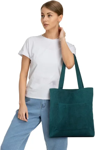 Vista 5 de Kememo Bolsa de pana con cremallera, bolso de hombro para mujer, bolso de compras de gran capacidad con bolsillo