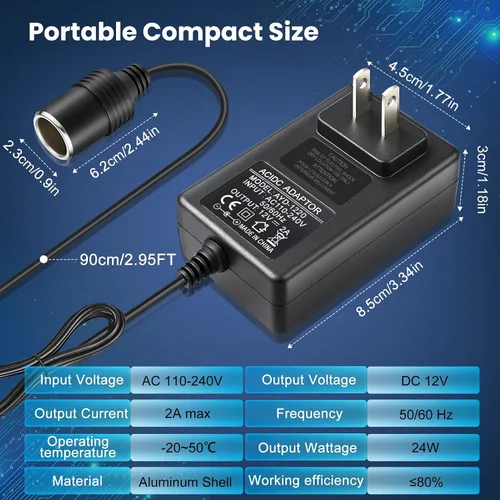 Vista 4 de Convertidor de 110V CA a CC 12V 2A 24W, adaptador de encendedor de cigarrillos a enchufe de pared 110-240V, adaptador de fuente de alimentación