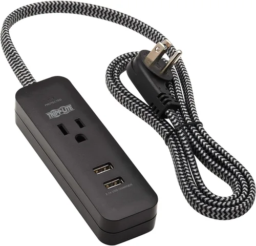 Vista 2 de Tripp Lite Protector de sobretensiones de 1 salida con 2 puertos USB (2.1A compartido) - Cable de 4 pies, enchufe 5-15P, 450 julios, negro