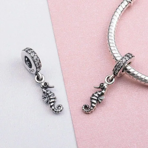 Vista 3 de Abalorio de caballito de mar de plata de ley 925 con diseño de animales, dije de aniversario para pulsera Pandora