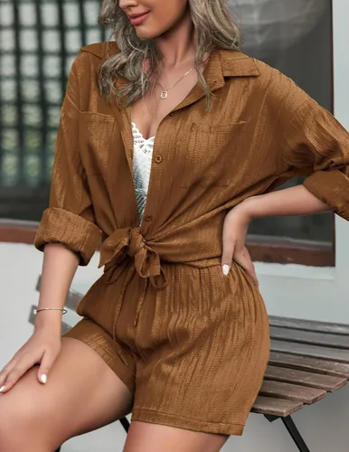 Vista 4 de Ekouaer Womens Button Down Lounge Set Comfy 2 Piece Loungewear Pajama Sets with Pockets