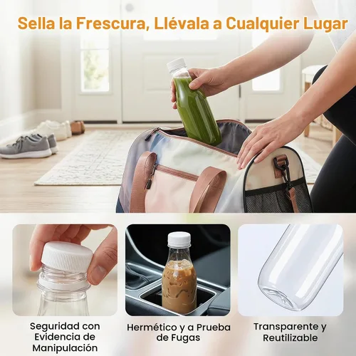 Vista 6 de WUWEOT Paquete de 30 botellas de plástico para jugos, botellas de bebidas desechables transparentes de 10 onzas con tapas blancas a prueba