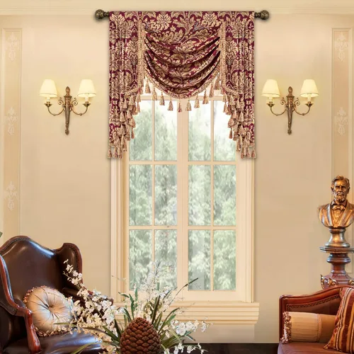 Vista 35 de Loom and Mill Cenefa de cascada de lujo de jacquard para sala de estar, elegantes cenefas de ventana con festones y cuentas damascadas, cortinas
