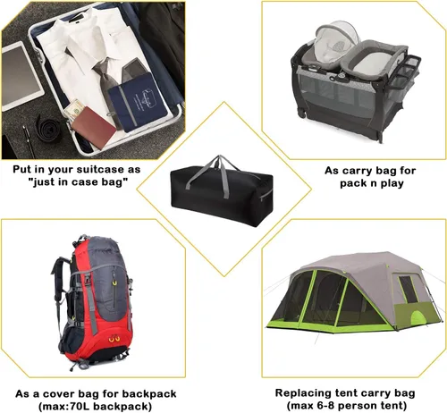 Vista 4 de Bolsa de lona plegable de 30 pulgadas 75 L ligera con resistente al agua para viajes Negro 75L