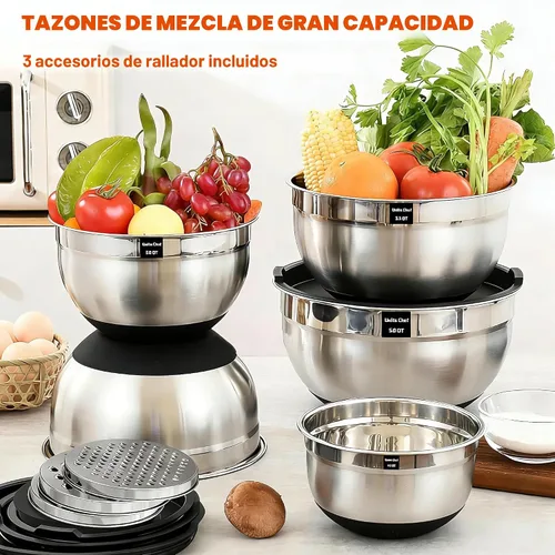 Vista 3 de Umite Chef, 26 piezas de juego de cuencos de acero inoxidable con tapas herméticas, 3 accesorios ralladores y fondo antideslizante negro, tamaño 7