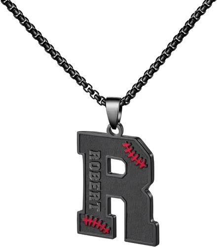 Vista 26 de Ldurian Collar personalizado con nombre de béisbol, cadena negra de acero inoxidable, collar con nombre deportivo, letra A-Z de 24 pulgadas, regalos