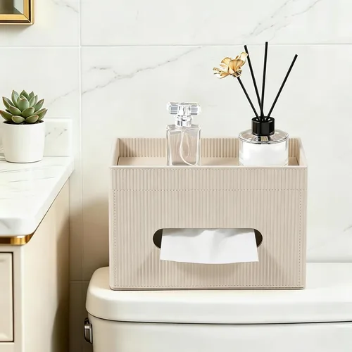 Vista 5 de Funda para Caja de Paños Rectangular con Bandeja de Almacenamiento, Soporte de Paños de PU para Tocador de Baño, Mesitas de Noche, Dormitorio