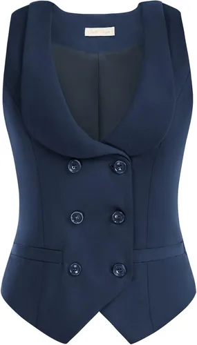 Vista 12 de Belle Poque Chaleco de doble botonadura para mujer, chaleco vintage con cuello de solapa y 2 bolsillos Verde militar