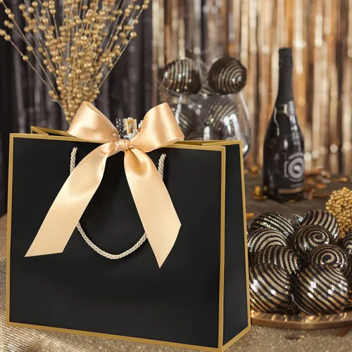 Vista 6 de Silkfly 12 bolsas de regalo con asas para dama de honor, 12 x 10 x 4 pulgadas, elegantes bolsas de regalo de bienvenida de boda con lazo para Negro