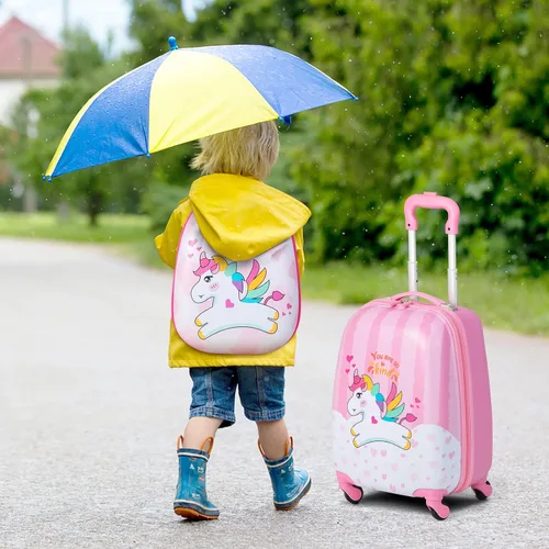 Vista 8 de BABY JOY Juego de equipaje para niños de 2 piezas, maleta de mano de 16 pulgadas y mochila de 12 pulgadas, estuche de viaje para niños con 4 ruedas