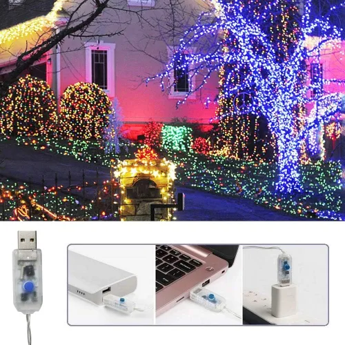 Vista 3 de Guirnalda de 200 luces LED de Navidad con control remoto, 8 modos de luces parpadeantes USB impermeables para patio, hogar, jardín, decoración
