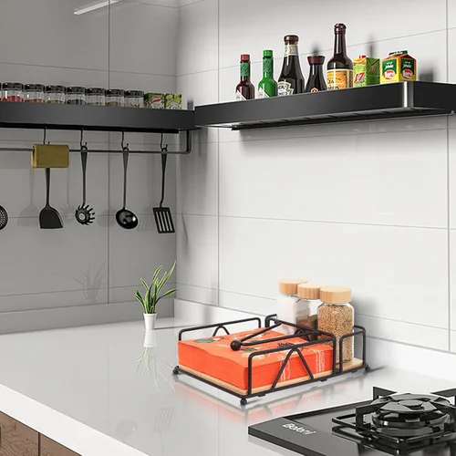 Vista 7 de Juego de 4 servilletas de metal con salero y pimentero, base de madera, moderno servilletero plano para mesa, decoración de mesa de cocina, cóctel