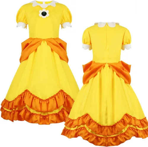 Vista 4 de Poboola Disfraz de princesa melocotón de margarita, vestido de cosplay de Super Brothers Rosalina con corona para niños y niñas, disfraz de fiesta