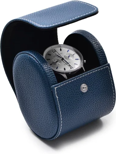 Vista 3 de Oirlv Caja de reloj de viaje de cuero de lujo caja de reloj individual para hombres y mujeres portátil joyería reloj organizador de rollo (azul)