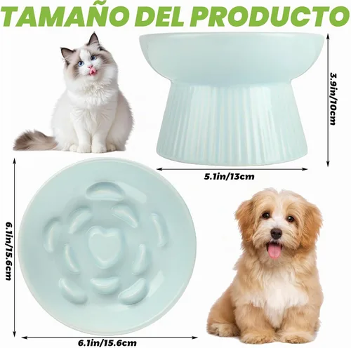 Vista 2 de ABuff Paquete de 2 comederos lentos elevados para gatos, plato elevado de alimentación lenta para gatos y perros pequeños, cuenco de cerámica
