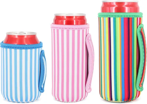 Vista 22 de 3 Pack de fundas aisladas reutilizables de neopreno con asa para soda, bebida energética, refresco, cerveza, seltzer duro, fundas para latas de 12