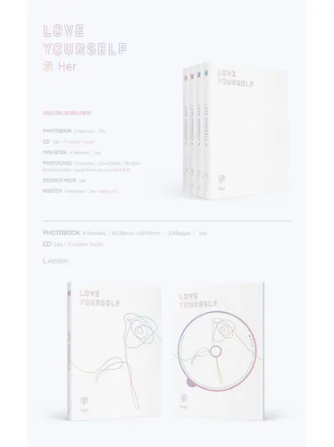 Vista 2 de BTS LOVE YOURSELF 承 HER 5th Mini Album [RANDOM] Ver CD+100p Photo Book+20p Mini Book+1p Photo Card+1p Sticker Pack+GIFT K-POP SEALED+TRACKING CODE
