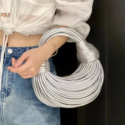 Vista 5 de Bolso cruzado tejido para mujer, bolso de mano pequeño de cuero, bolso de pan anudado, bolso de fideos con asa superior