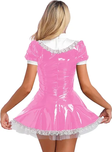 Vista 3 de MSemis Women's PVC Leather Wet Look French Maid Costume Outfits Anime Cosplay Dress Apron Fancy Dress