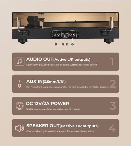 Vista 7 de Vangoa Tocadiscos de vinilo con altavoces estéreo de 40 W, cartucho magnético AT-3600L, placa de aluminio, luz azul, tocadiscos Bluetooth moderno
