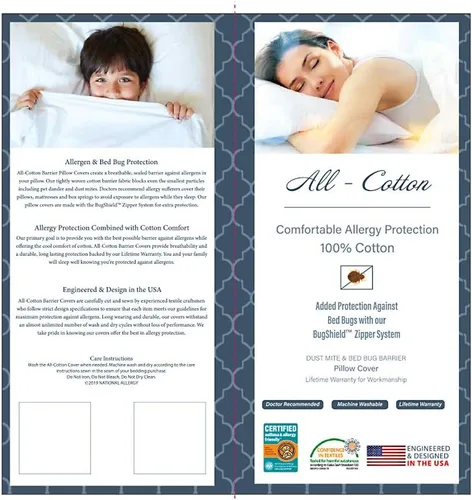 Vista 6 de National Allergy Protector de almohada 100% algodón con cremallera, tamaño estándar, blanco, paquete de 2, 300 hilos, funda de almohada