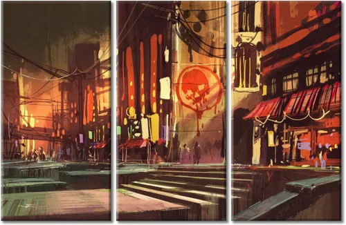 Vista 109 de Arte de pared de 3 piezas de escena de ciencia ficción de la calle comercial futurista paisaje urbano, decoración de pared para dormitorio