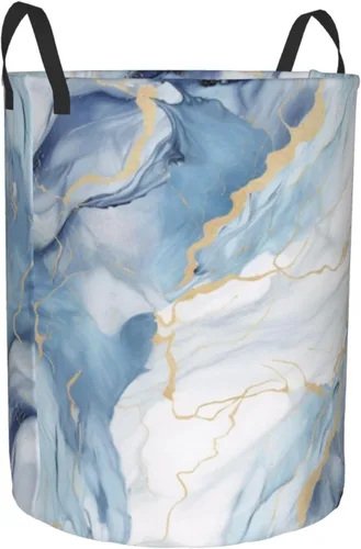 Vista 2 de Cesta circular con estampado de mármol blanco y azul, impermeable, cesta organizadora de lavandería, con asas, para ropa, juguetes, pequeña