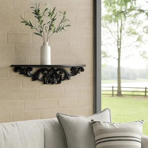 Vista 7 de Benjara - Estantería de pared de madera tallada a mano con diseño floral, color negro