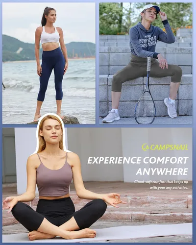 Vista 4 de Paquete de 4 leggings capri para mujer, pantalones capri de cintura alta, control de abdomen, pantalones de yoga con bolsillos, mallas de ciclismo