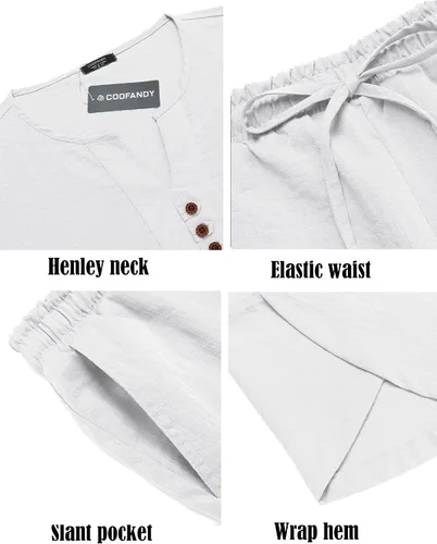 Vista 7 de COOFANDY Conjunto de 2 piezas de lino para hombre, camisa Henley de manga corta y pantalones capri harén, pierna ancha, holgados, pantalones de yoga
