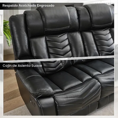 Vista 6 de Sofá reclinable manual con cargador inalámbrico para sala de estar, 3 plazas eléctrico de cuero con reclinable, juego de sofá reclinable de 3