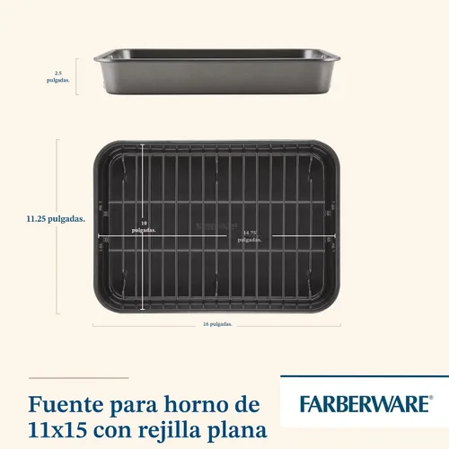 Vista 2 de Farberware Bakeware - Asador de acero antiadherente con estante plano, 11 pulgadas x 15 pulgadas, gris Sartén para asar con rejilla plana, 11