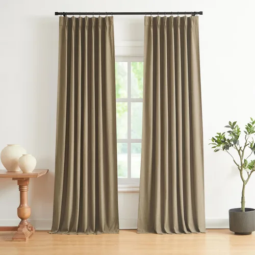 Vista 41 de Vision Home Cortinas marrones con pliegues pinzados, opacas completas, cortinas de ventana de lino mezclado para oscurecer la habitación, cortinas