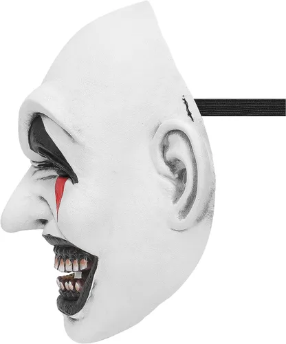 Vista 3 de Máscara de payaso asesino asesino de Halloween con sombrero negro, espeluznante látex cosplay accesorios para adultos