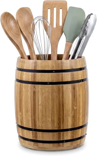 Vista 8 de MyGift Crock para Utensilios de Cocina con Diseño de Barril de Vino, Soporte de Herramientas de Cocina de Madera Quemada Vintage Rústica