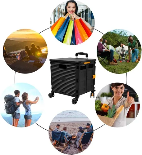 Vista 2 de Carrito plegable portátil con ruedas para compras, 4 ruedas giratorias con mango telescópico de plástico duradero y resistente, para viajes