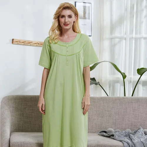 Vista 3 de Keyocean - Camisón de algodón para mujer, suave, cómodo, ligero, manga corta, vestido de casa, ropa de dormir, ropa de sala para verano.