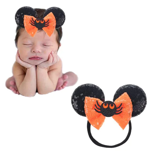 Vista 15 de Diadema de orejas de ratón con lazo de lentejuelas, banda elástica suave para el pelo, diadema de fiesta para bebés, niñas recién nacidas, niños