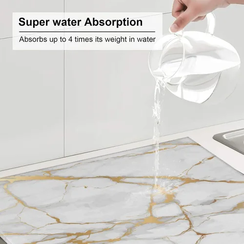 Vista 5 de Tapete de secado de platos de mármol blanco dorado para encimera de cocina, absorbente de 16 x 18 pulgadas, placa de microfibra de vidrio