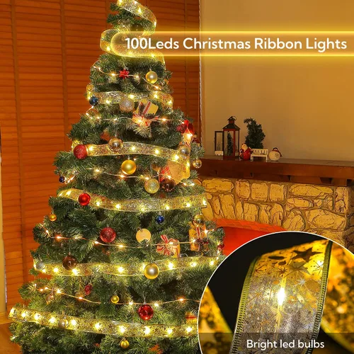 Vista 2 de Hopolon Guirnalda de luces de cobre con cinta de Navidad blanca cálida de 33 pies, 100 luces LED, 8 modos con batería y USB y funciona a distancia