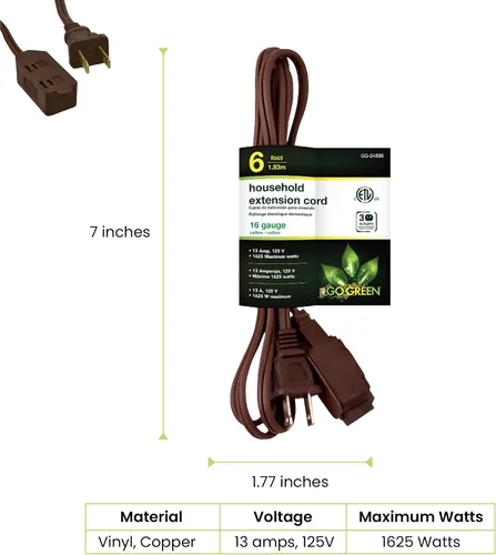 Vista 2 de Go Green Power Inc. Cable de extensión para el hogar de 16/2 de 6 pies con 3 tomas, color marrón, discreto, sin torceduras, cubiertas de seguridad
