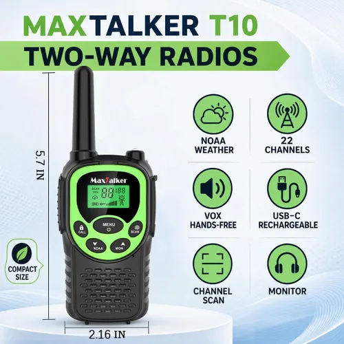 Vista 2 de Walkie Talkies - Paquete de 4 radios bidireccionales recargables FRS de Verde/Azul/Amarillo/Naranja