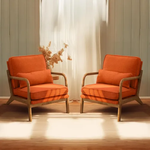 Vista 25 de Bonnlo - Silla de acento moderna de mediados de siglo con tela de lino beige, sillones de descanso con acolchado de madera maciza para sala